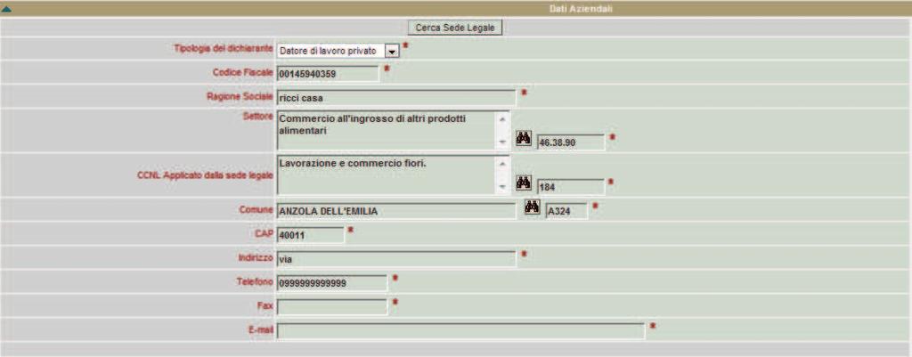 Nella sottosezione Dati Referente è obbligatorio compilare almeno uno dei campi Telefono, Fax, E-mail.