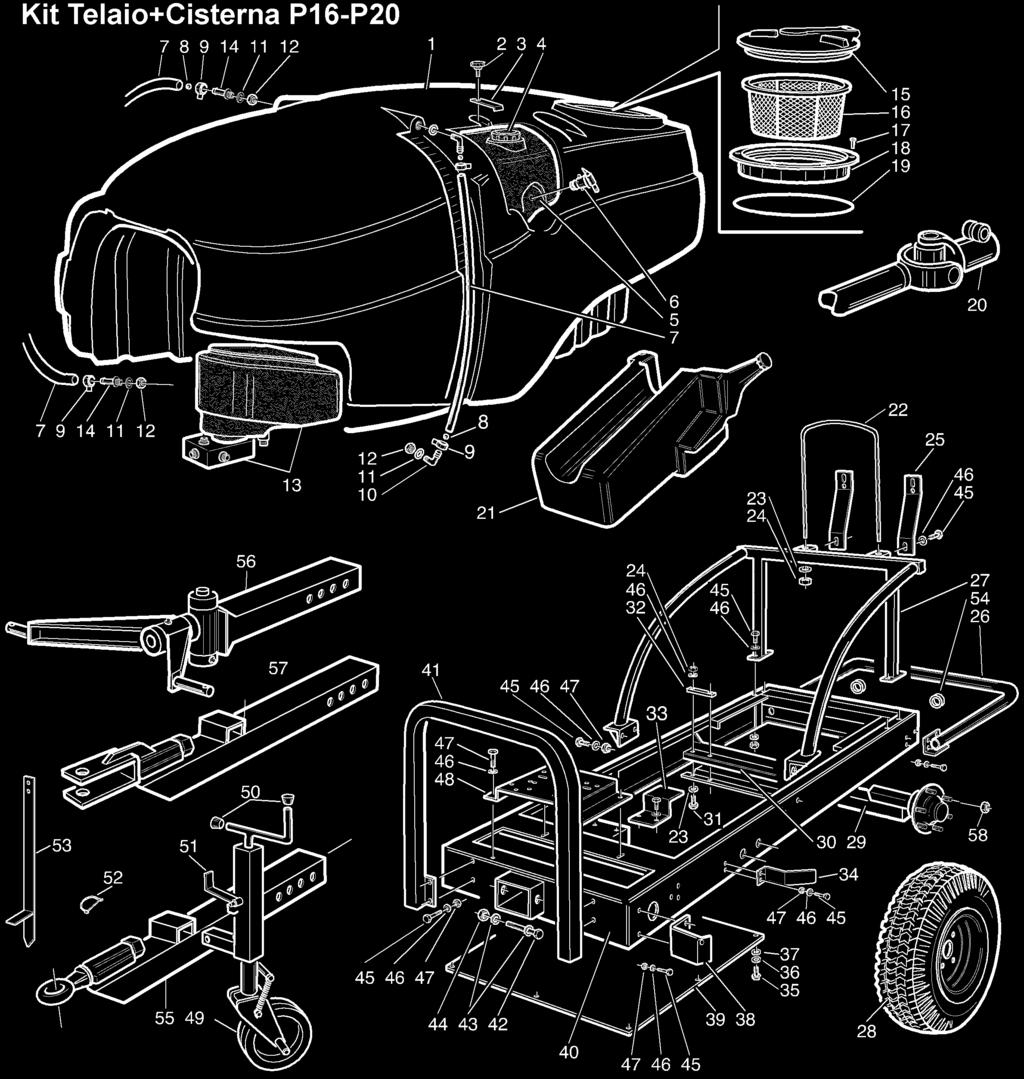 Telaio e cisterna P16 e P20 / P16 and P20 tank and frame LASER - FUTURA P16-20 Tabella posizione codici componenti Pos. Codice Pos.