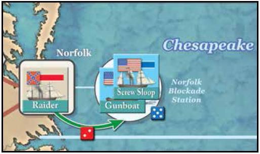 Esempio tre: Un Razziatore confederato muove nella stessa Zona di Blocco di Norfolk. Questa volta il giocatore unionista sceglie di tirare in gruppo.