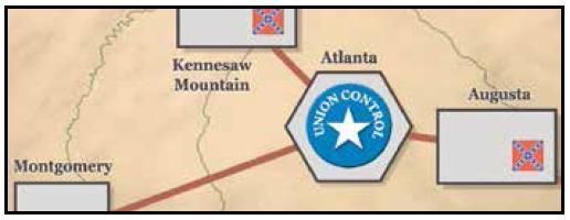 Esempio due: Atlanta è controllata dall Unione, ed è collegata da Linee di Terra rosse a molte città e Forti, uno qualsiasi dei quali può essere bersaglio di un attacco usando una pedina di Cannone