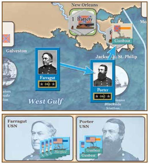 Mobile: Charleston: Francia & Inghilterra: 2 Bermuda: Il confederato pone le rimanenti pedine di navi e Batterie sulla mappa come specificato nel piazzamento del 1862 e sceglie di iniziare con il