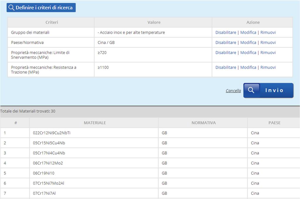 Diamo INVIO e troviamo una lista di 30 acciai che rispettano tutti i valori immessi.