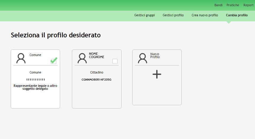 Figura 5 Selezione profilo Accedere all area Pratiche, selezionare la voce Tutte per accedere all elenco di tutte le