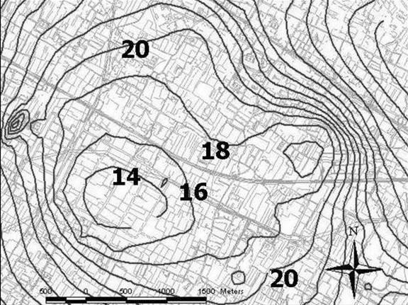 ai pozzi. Questi tempi sono stati scelti in 60, 180 e 365 giorni: nelle aree delimitate andrebbero imposti tre diversi gradi di vincoli per la salvaguardia dei pozzi. Fig. 2.