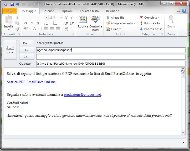 SMALL PARCEL ON LINE DIREZIONALE Lo Small Parcel ON LINE Direzionale è il prodotto per la raccolta e consegna attraverso la rete Sailpost di piccoli pacchi in Italia. L input arriva da CITYPOST.