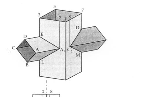 Compenetrazione tra solidi prismatici Intersezione tra due prismi retti ortogonali Nel prospetto e pianta, disegno (con linea sottile) il prisma verticale ed il prisma orizzontale (del quale vedo la