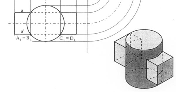 Analogamente, dai punti B e B 1 trovo B 2 nel prospetto. Il segmento A 2 B 2 è la linea di intersezione inferiore. In modo analogo trovo gli altri punti (es. C 2,D 2 elalineadi intersezione C 2 D 2 ).