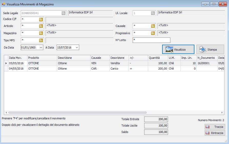 Visualizza Movimenti di Magazzino Tramite la videata di Visualizza Movimenti di Magazzino sono disponibili le informazioni relative allo stato attuale del magazzino MPS.