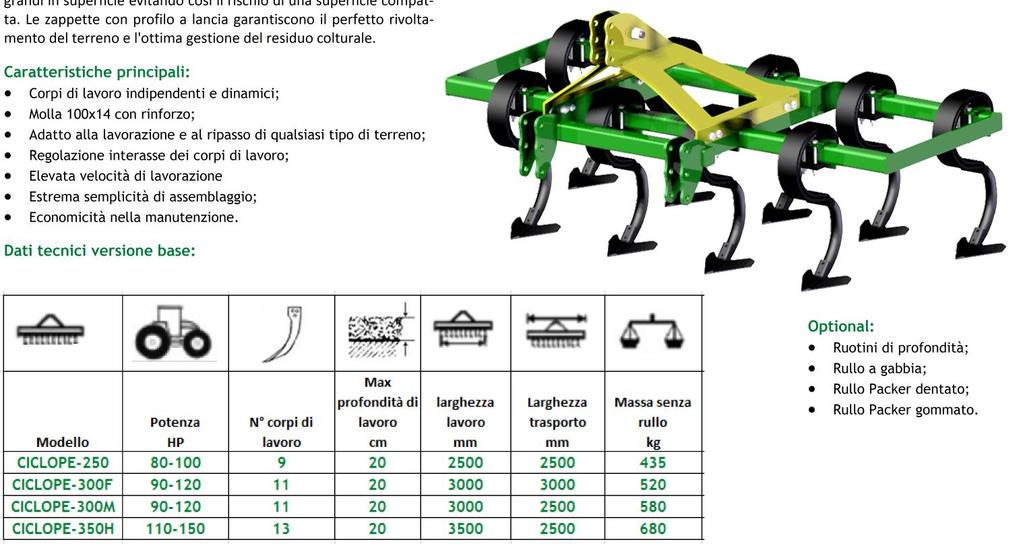 CICLOPE VibroColtivatore pesante Ciclope è un vibro coltivatore pesante idoneo alla lavorazione di terreni sciolti e di medio impasto e adatto alla preparazione del letto di semina.
