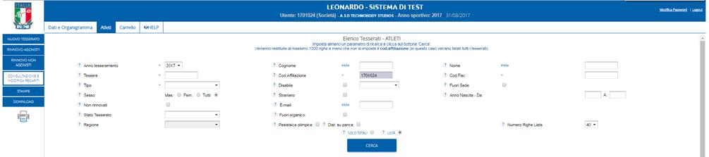 FUNZIONE CONSULTAZIONE e MODIFICA RECAPITI Cliccando sul tasto Consultazione e Modifica Recapiti presente nella parte sinistra del menù Atleti e filtrando l anno voluto è possibile consultare lo