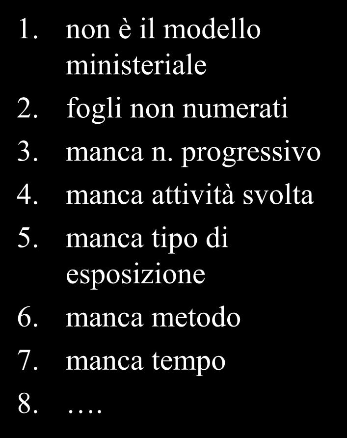 1. non è il modello ministeriale 2. fogli non numerati 3. manca n. progressivo 4.