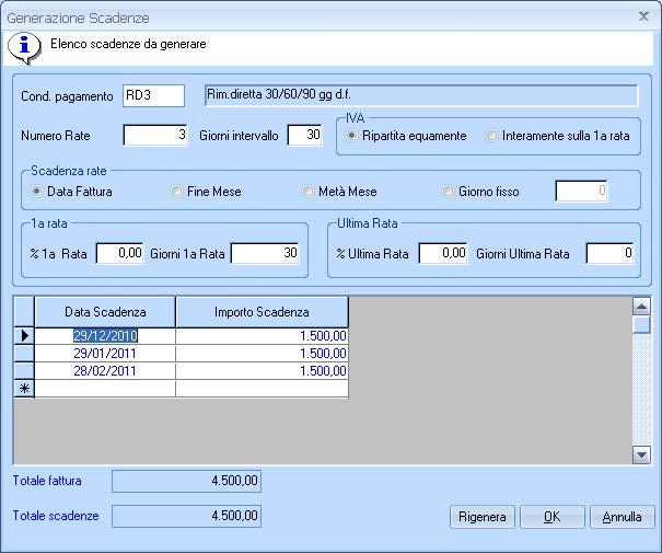 Al termine della registrazione la procedura, in base ai parametri suddetti, genera e visualizza una griglia di scadenze che l utente può confermare o variare come numero, date e