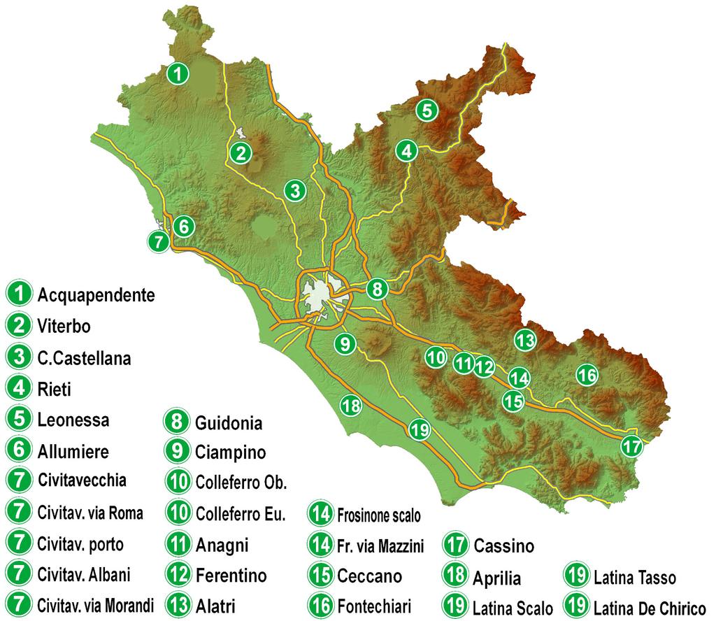 3 Localizzazione delle postazioni di misura della Rete Regionale della Qualità dell'aria di ARPALAZIO Nelle cartine seguenti è riportata la dislocazione delle 41 postazioni chimiche sse della rete di