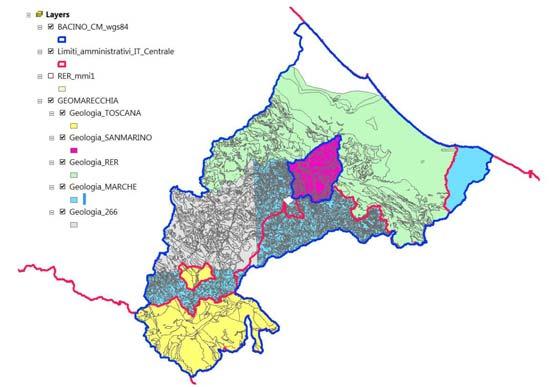 Fig. 4 - Copertura delle banche dati geologiche utilizzate per la realizzazione della carta geologica del Bacino del Conca-Marecchia.