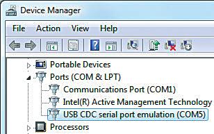 Il collegamento USB CDC serial port emulation appare nella Gestione