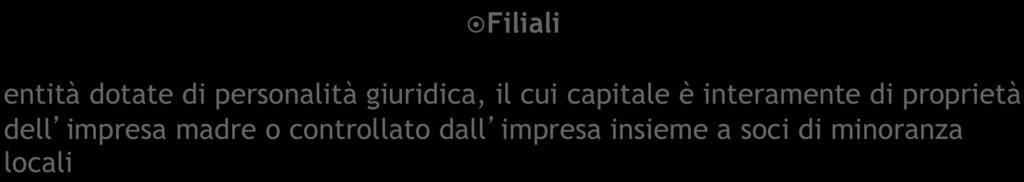 scientifica o di mercato Succursali entità dotate di autonomia che svolgono attività in proprio, ma per conto dell'impresa cui fanno capo Filiali entità dotate di