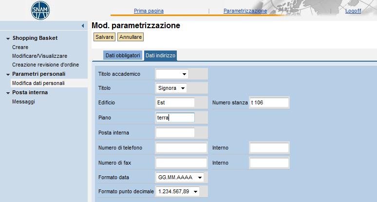Modificare parametri utente La seconda cartella Dati indirizzo consente di modificare alcuni parametri dell utenza