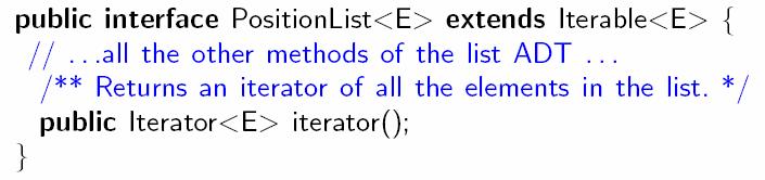 ADT Iterator per scandire una collezione, un elemento alla volta metodi boolean hasnest() controlla se ci sono ancora elementi inesplorati Object next() ritorna prossimo riferimento a prossimo