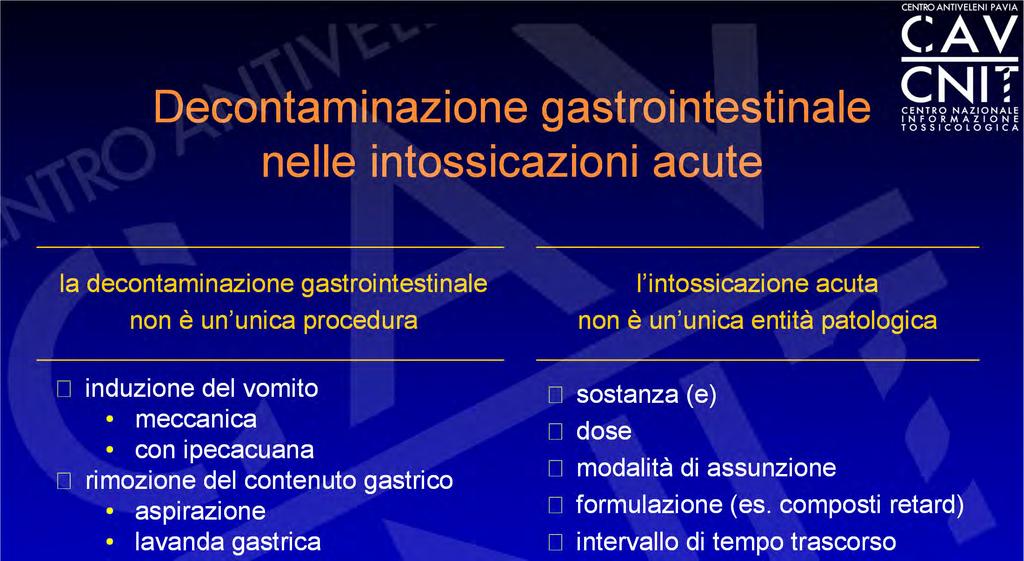 Decontaminazione gastrointestinale nelle intossicazioni acute la decontaminazione gastrointestinale non è un unica procedura l