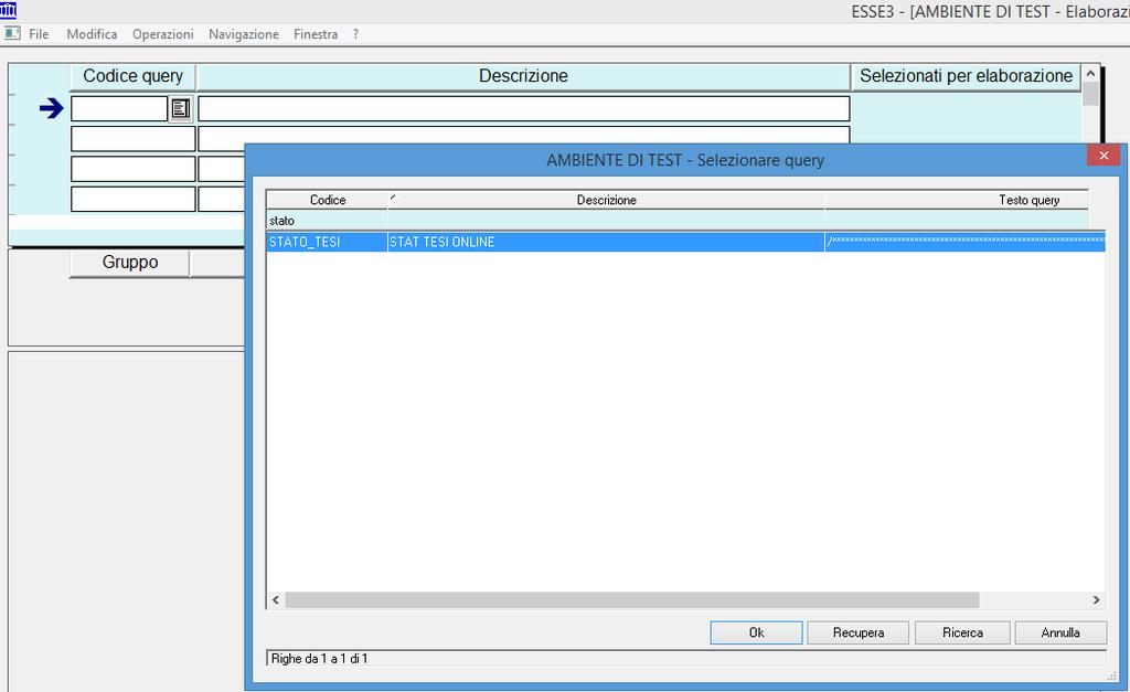 In modalità Ricerca si recupera il report STATO_TESI, selezionandolo dalla lista e