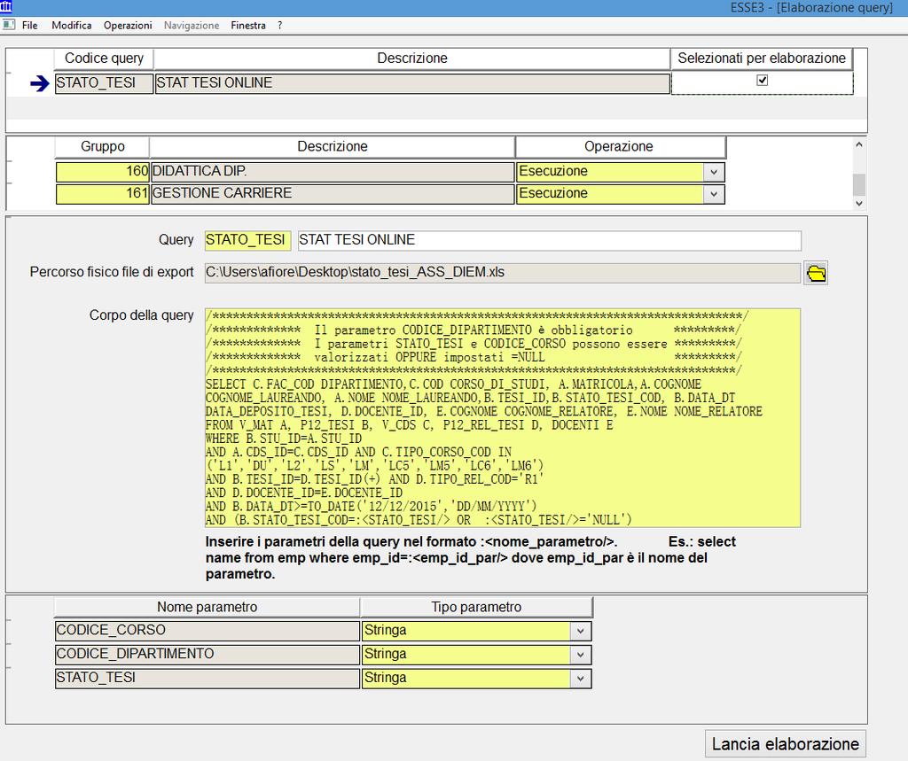 Per eseguire la query si alza il flag Selezionati per l elaborazione, si indica il percorso fisico del file di export (ad esempio sul desktop del proprio terminale) e si salva.