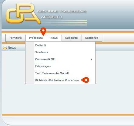 si deve cliccare sulla voce Richiesta Abilitazione Procedura e successivamente cliccare su Richiesta Abilitazione per la