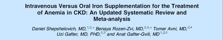 Primary Outcome: Percentage of Patients With Hb Response >1 g/dl Patients With CKD 5D: Three trials including 300 patients IV iron Oral