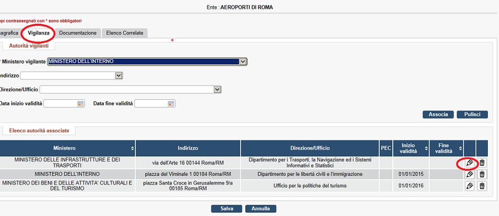 Anagrafiche- Scheda ente- Gestione- Modifica (Vigilanza) (2) Quando si crea l associazione con il Ministero Vigilante, non è obbligatorio indicare anche l indirizzo, la Direzione/Ufficio o la data