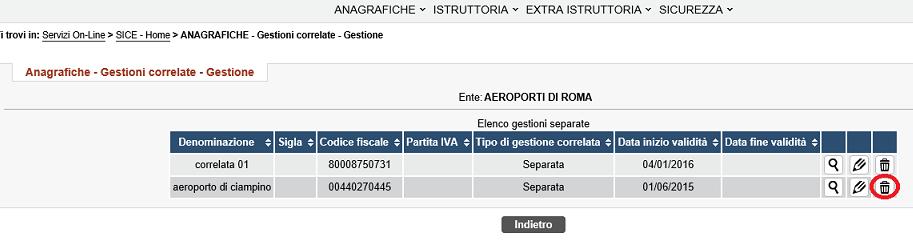 Anagrafiche- Scheda ente- Gestione Correlate Gestione (3) Cliccando sull icona «Elimina», l utente potrà eliminare la Gestione Correlata.