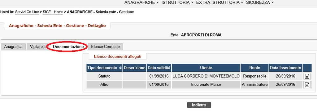 Anagrafiche- Scheda ente- Gestione- Dettaglio (3) La scheda Documentazione riporta al suo interno, qualora fossero stati