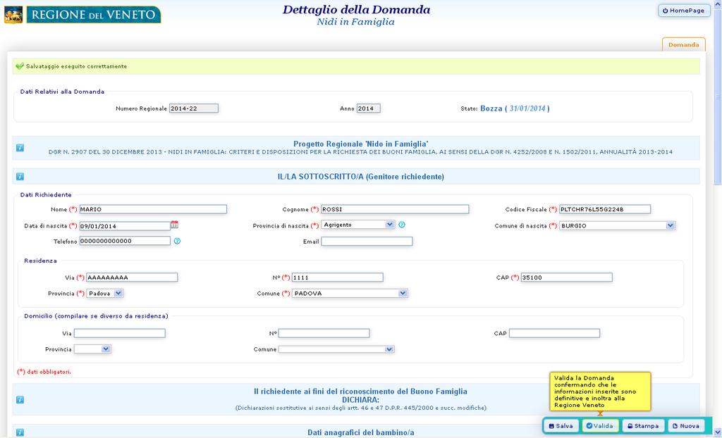 Se i dati sono stati compilati correttamente: -