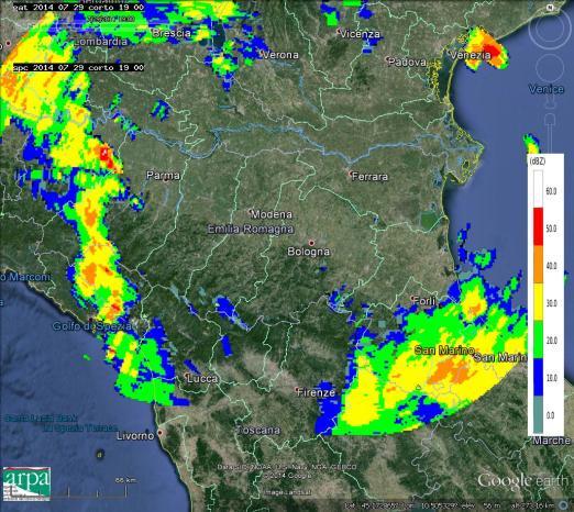 Figura 4: Mappe di riflettività del 29/07/2014 alle 08:45 UTC (in alto a sinistra), alle 11.