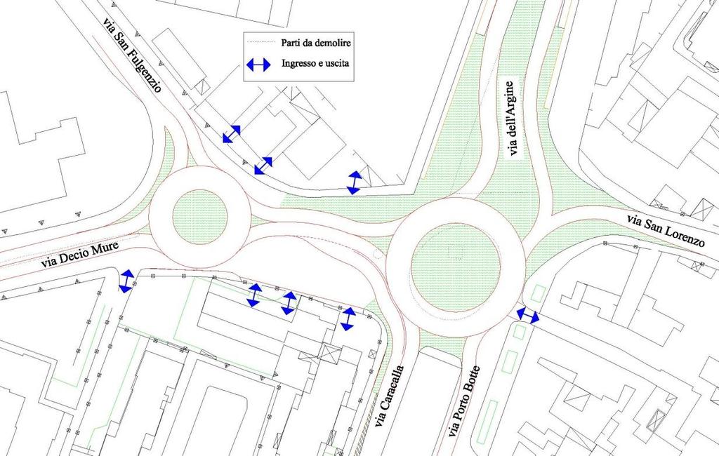Intervento rotatoria Via San Fulgenzio via Decio Mure via Dell Argine via Porto Botte/via Caracalla Caratteristiche rotatoria via San Fulgenzio/via Decio Mure Diametro esterno 30 metri; Diametro