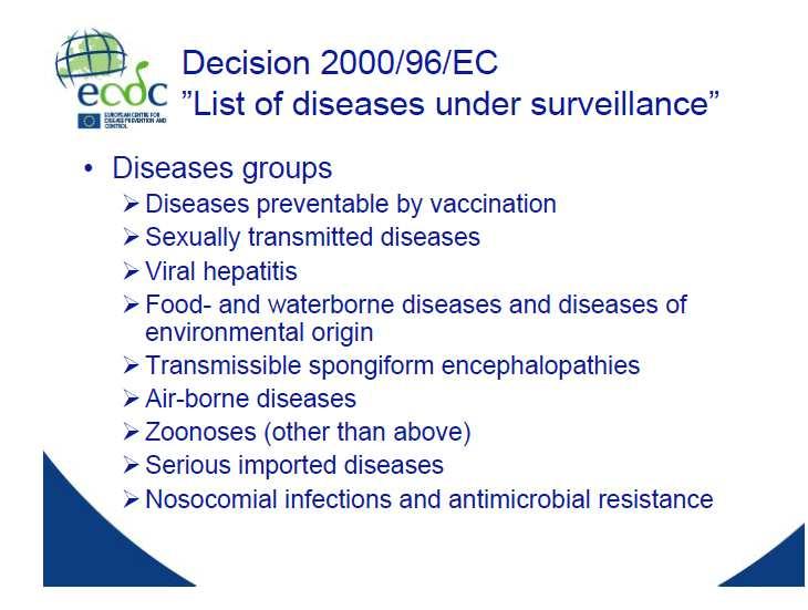 Sorveglianza MTA in UE Six priority diseases Salmonellosis Campylobacteriosis STEC/VTEC infection Listeriosis Shigellosis Yersiniosi The ZoonosesDirective 2003/99/CE Monitoring an