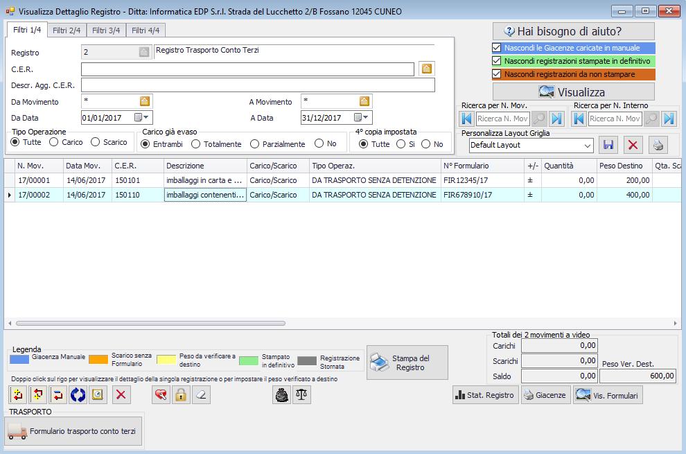 GESTIONE E STAMPA DEL REGISTRO (trasporto SENZA DEPOSITO ) Voce di menu: Registro > Gestione Registri. N.B.