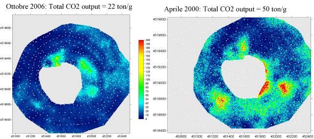 Figura 2. Mappa dei flussi di CO 2 dal suolo misurati ad ottobre 2006 confrontata con quella realizzata ad aprile2000.