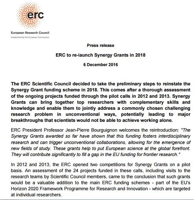 ERC to re-launch Synergy Grants in 2018 https://erc.europa.
