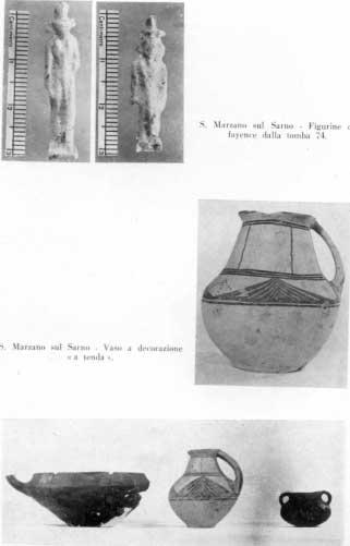 TAV. CXVI S. Marzano sul Sarno - Figurine di fayence dalla tomba 74. S. Marzano sul Sarno - Vaso a decorazione «a tenda».