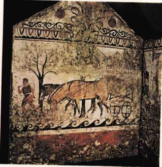 Paestum: pittura funeraria del lato corto del sarcofago