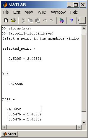 Con il comando rlocfind(), posizionandosi con il mouse sul plot del luogo delle radici, è possibile