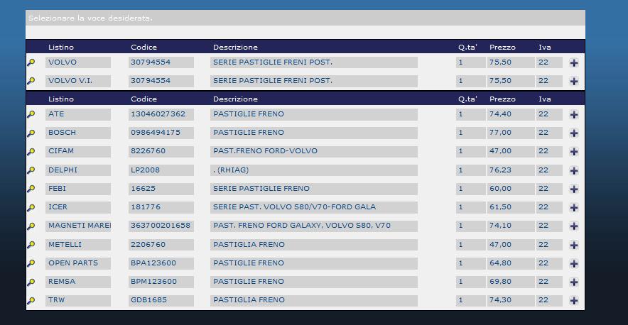 COMMESSE >> COMPILAZIONE >> MANUALE [ ] appare una finestra con tutti i codici alternativi presenti relativi al ricambio