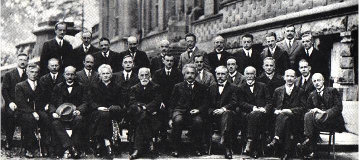 Solvay conference, 1927 2 Front row: I. Langmuir, M. Planck, M. Curie, H. A. Lorentz, A. Einstein, P. Langevin, C. E. Guye, C. T. R. Wilson, O. W. Richardson. Second row: P. Debye, M. Knudsen, W. L. Bragg, H.