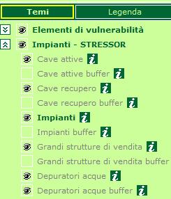 Sulla schermata destra (Figura 9) della finestra del visualizzatore si trova l elenco dei Temi che compongono la cartografia, suddivisi in: Elementi di vulnerabilità Impianti - STRESSOR Idrografia