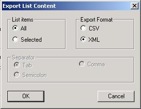 4. Nella finestra Export List Content selezionare All nella sezione List items, selezionare XML nella sezione Export Format e premere il pulsante OK 5. Nella finestra che compare: a.