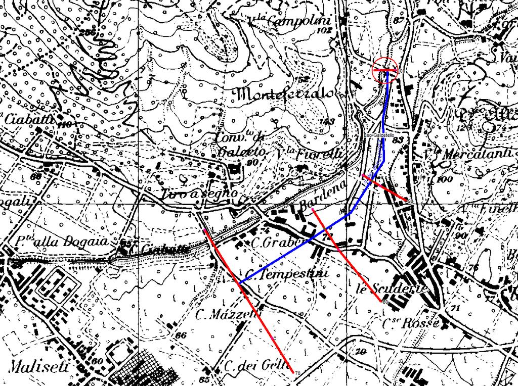 Poiché nel territorio oggetto di studio è presente un estesa area in sinistra del torrente Iolo, nella quale il fenomeno di transito delle acque esondate sulle superfici a campagna è preponderante