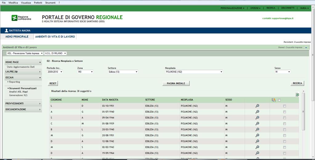 Strumenti personalizzati In questo esempio si sono scelti i tumori polmonari nel settore dell edilizia, nella ASL Milano, sulle SDO 2009-2010.