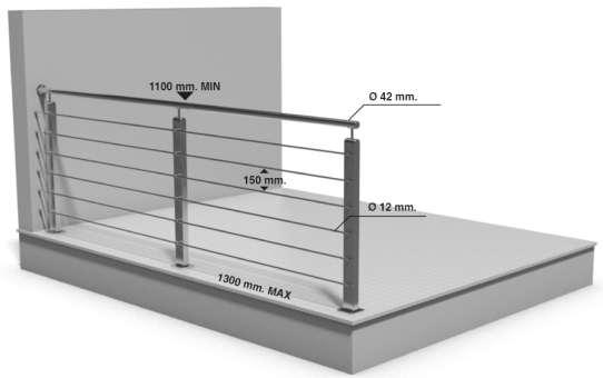 rx: barriera di protezione a 6 tondini orizzontali in acciaio inox Ø 12mm Sicurezza: risponde a tutte le norme esclusa la scalabilità per i bambini ed il passaggio sfera da 100 mm px: barriera di