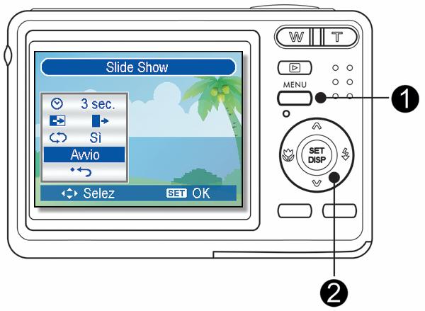 Riproduzione di una presentazione 4 Accendere la fotocamera ed impostarla in modalità PLAY (Esecuzione) ( pagina ) Accedere alla presentazione.