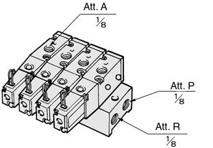 VZ00 Per pilotaggio interno Manifold tipo : Attacchi superiori Codice aree uropa America del ord ota) If > stations, supply air to P port on both sides of the manifold and exhaust from R port on both