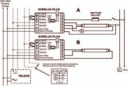 funzionamento solo emergenza: due tubi in emergenza (max 2x18W con EVERLUX PLUS 8L e 10L) "Gli schemi di collegamento sono da ritenersi